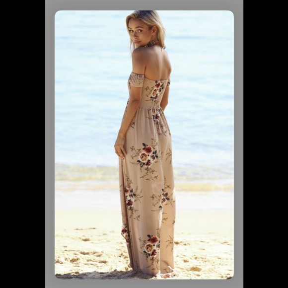 TAN FLORAL OFF SHOULDER MAXI DRESS - Picture 3 of 7